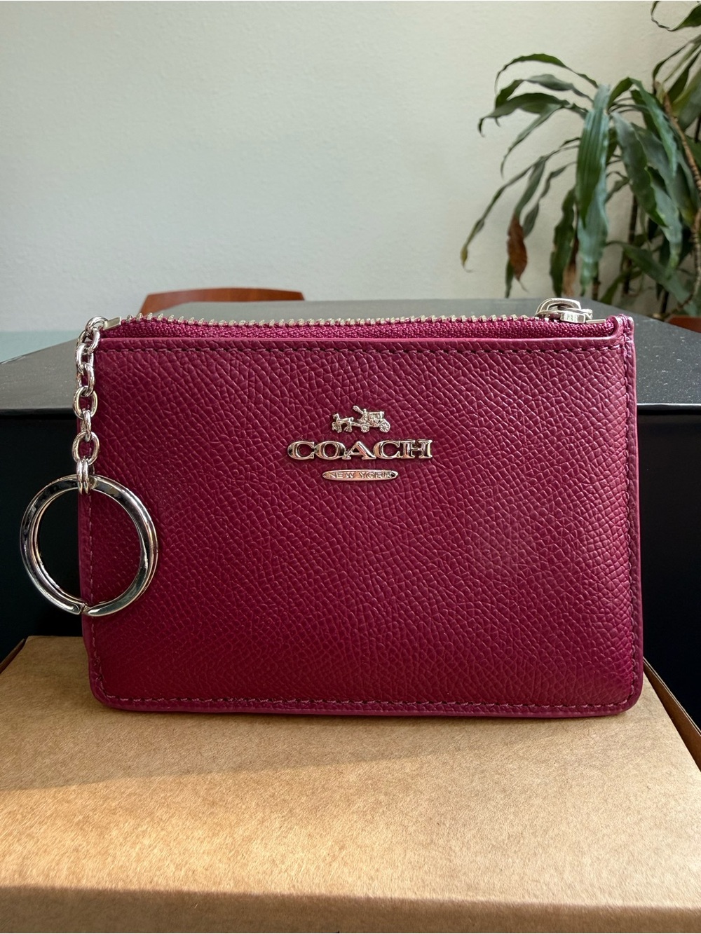 Coach Berry Pebble Leather Zip Card Case with Key Ring